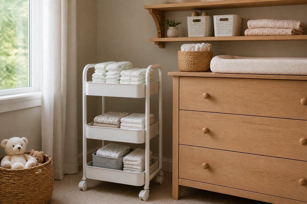 A compact nursery corner featuring a white rolling cart stocked with diapers and folded burp cloths beside a wooden dresser, with wall-mounted shelves above holding small labeled storage containers and a folded blanket, soft afternoon light from a nearby window