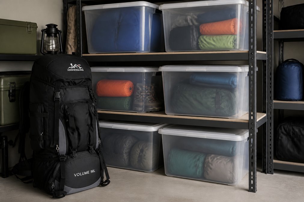 Organized garage storage room with clear plastic heavy-duty bins neatly stacked on metal shelving units, camping gear visible through transparent containers, labeled bins with white tape
