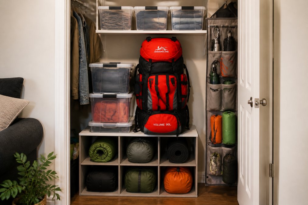 Compact apartment closet with white wall-mounted shelves holding clear plastic storage bins, vertical hanging organizer with camping gear, modular storage cubes efficiently using limited height and depth