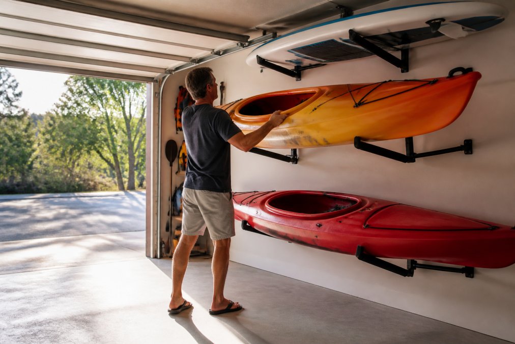 A homeowner lifting a kayak onto padded wall-mounted racks in a tidy garage, with paddleboards stored on higher hooks nearby and morning light streaming through the open door