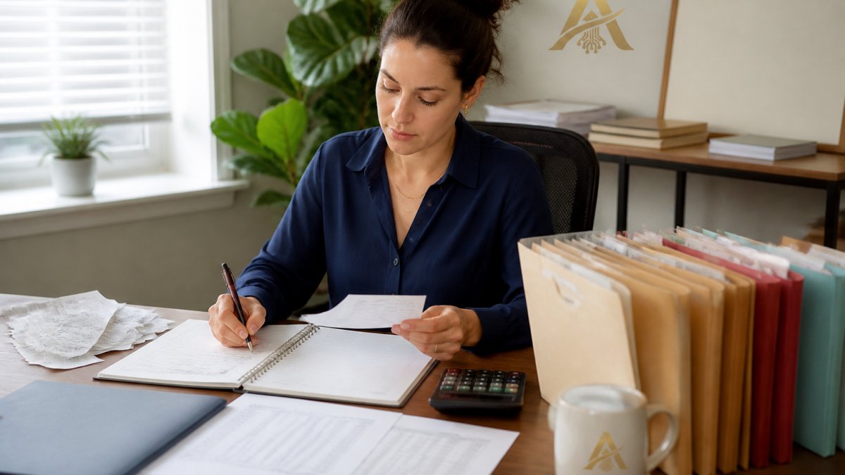 Business owner at a desk using a laptop and folders to organize business expenses with financial documents.