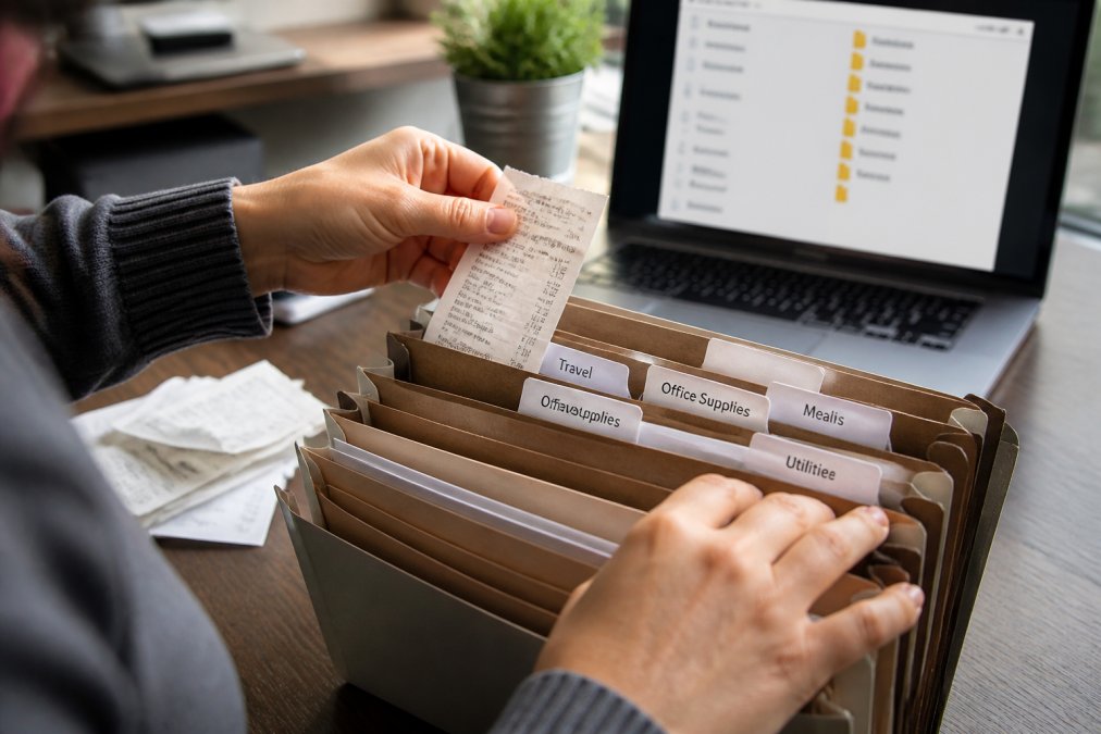 Hands sorting paper documents into folders to organize business receipts using a digital filing system.