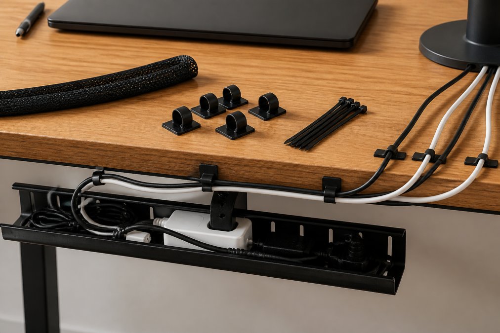 Close-up of a tidy desk surface showing cable sleeves, adhesive clips, zip ties, and a cable tray mounted underneath, all neatly organizing various cords