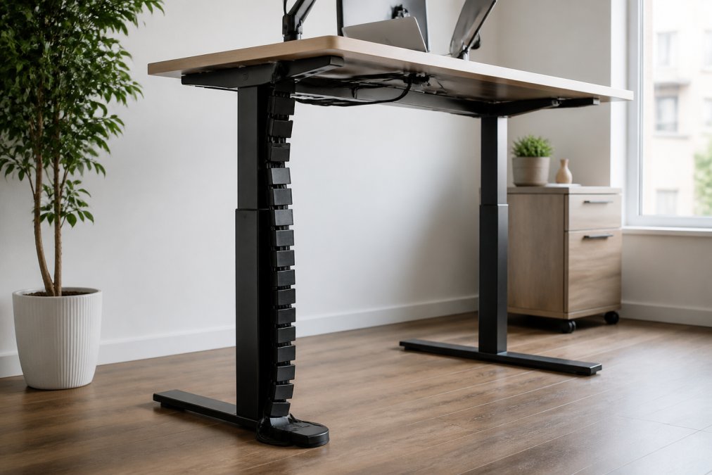 A modern standing desk raised to standing height with a black cable spine running vertically along the desk leg, keeping monitor and laptop cables bundled neatly together in a clean vertical run