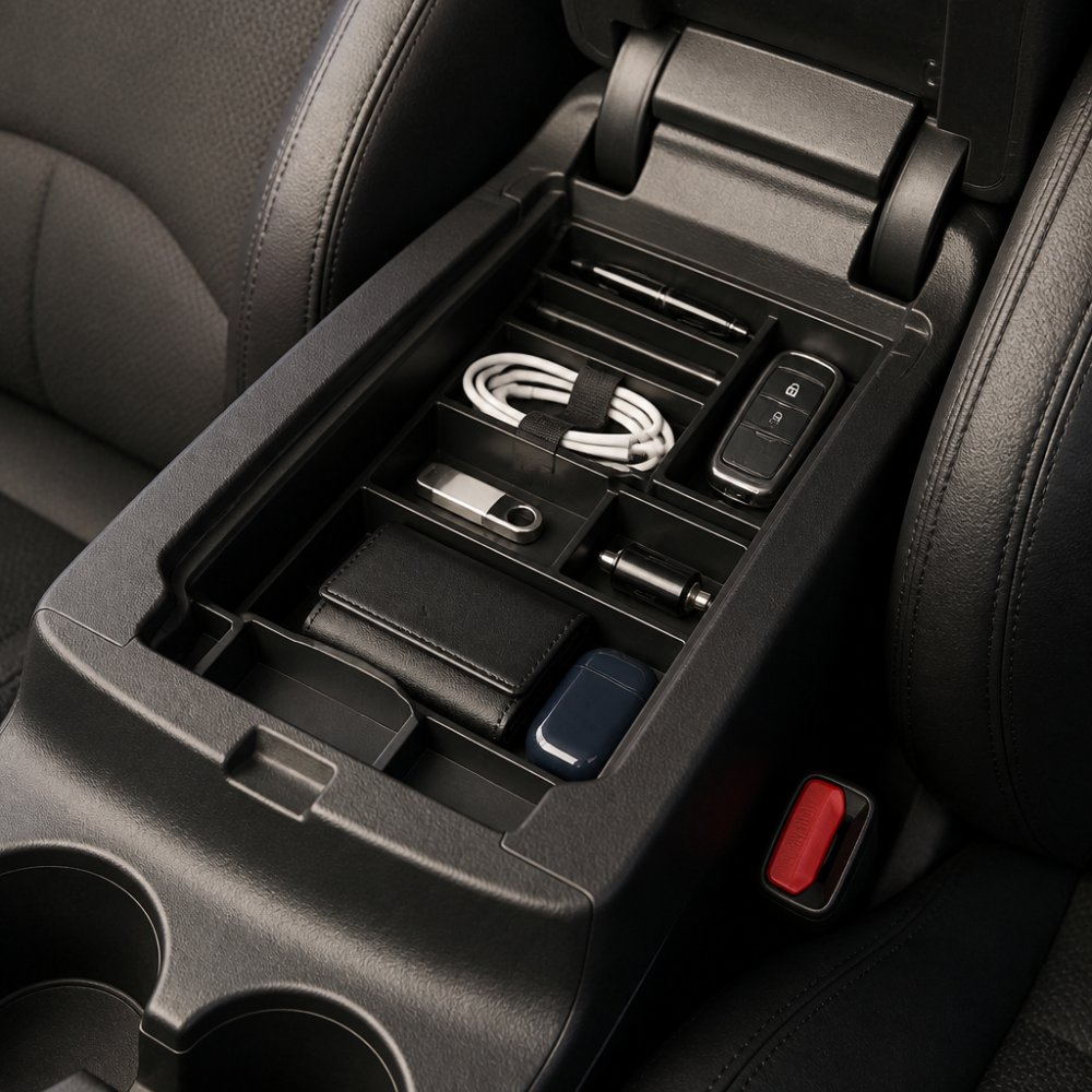 Close-up of a well-organized car center console with labeled storage bins, cable organizers, and daily essentials neatly arranged in compartments