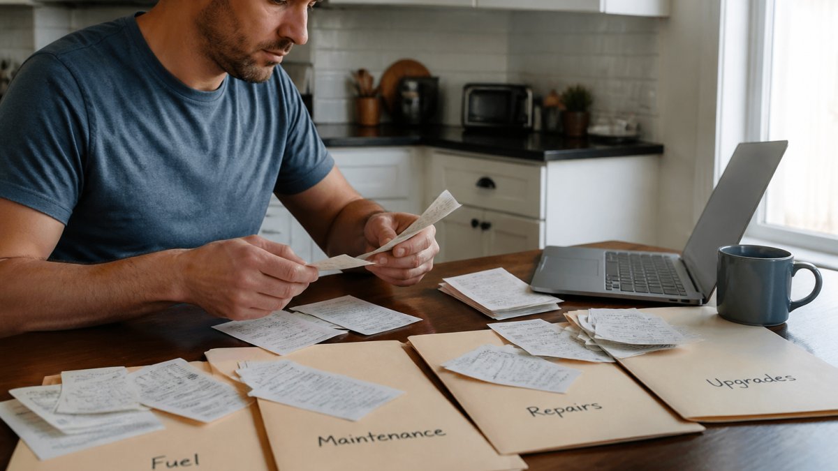A person at a kitchen table sorting paper receipts into labeled manila folders, with a laptop open to a spreadsheet and a coffee mug nearby