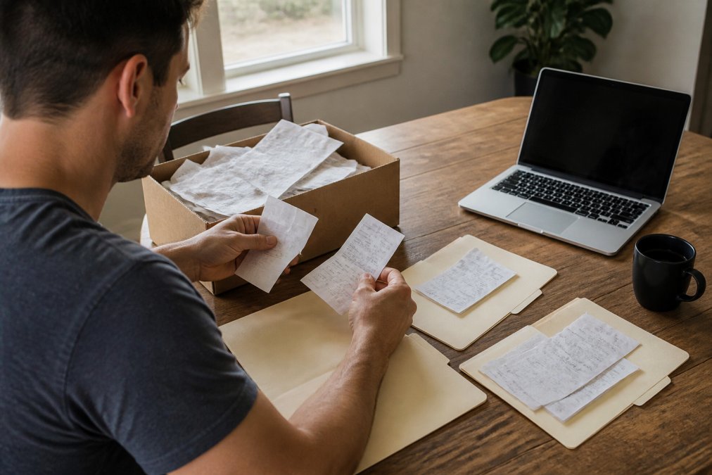 A person sitting at a wooden table with a cardboard box of crumpled car repair receipts, sorting them into labeled manila folders. ### Separate by Vehicle and Service Type If you own more than one vehicle, this step is not optional. Mixing receipts across cars is the most common mistake we see, and it corrupts the service history for both vehicles. ## Step 2: Digitize with Scanning and Cloud Storage [Digitizing turns a pile of paper into a usable record