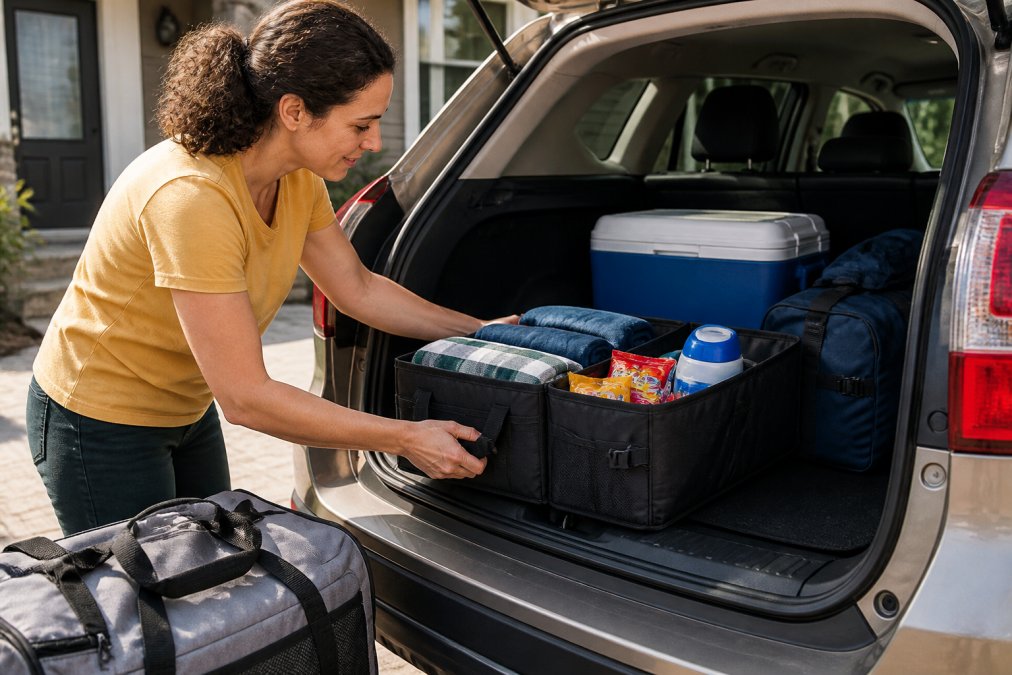 Person loading a trunk organizer with travel gear to organize car trunk space for a long road trip in an SUV