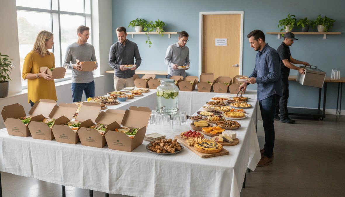 Modern office break room with a catered spread set up on tables, staff members serving themselves from colorful boxed lunches and platters, natural lighting streaming through windows