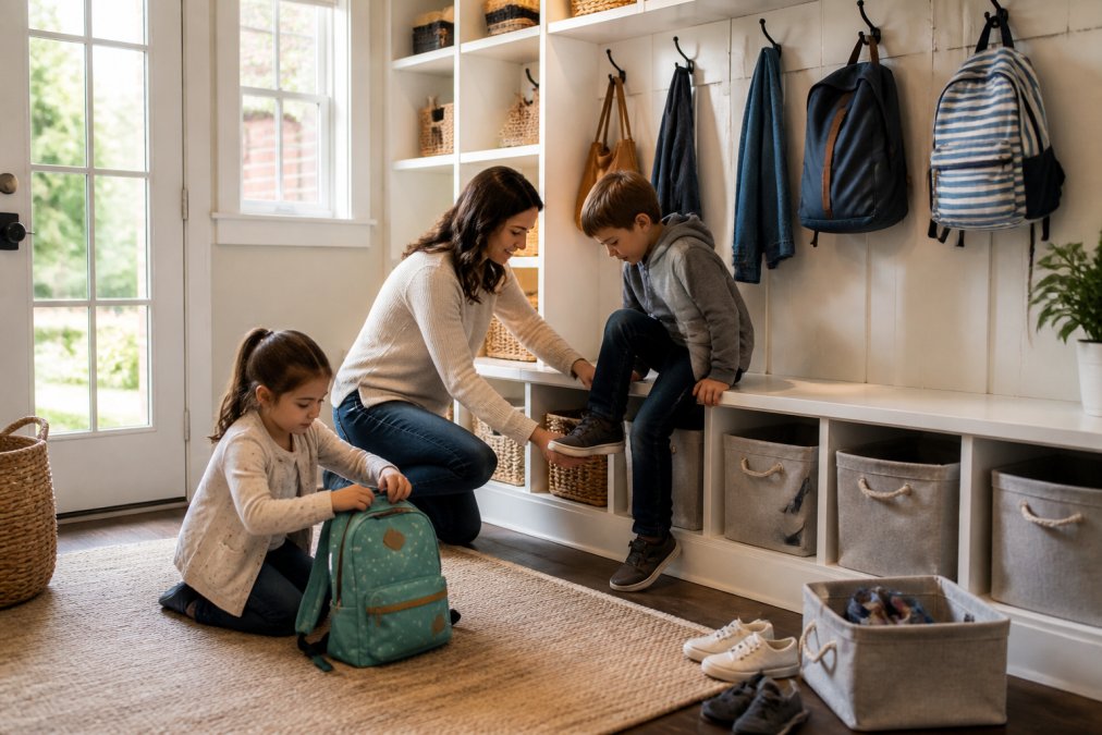 Bright, organized family entryway with labeled bins and cubbies, a parent and two children putting away shoes and backpacks, natural morning light streaming through windows
