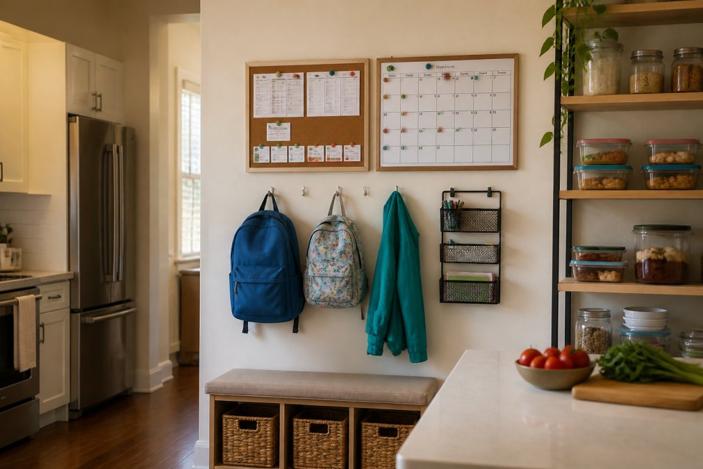 Family kitchen with a command center on the wall showing chore charts and meal prep containers neatly arranged on open shelving, natural afternoon light