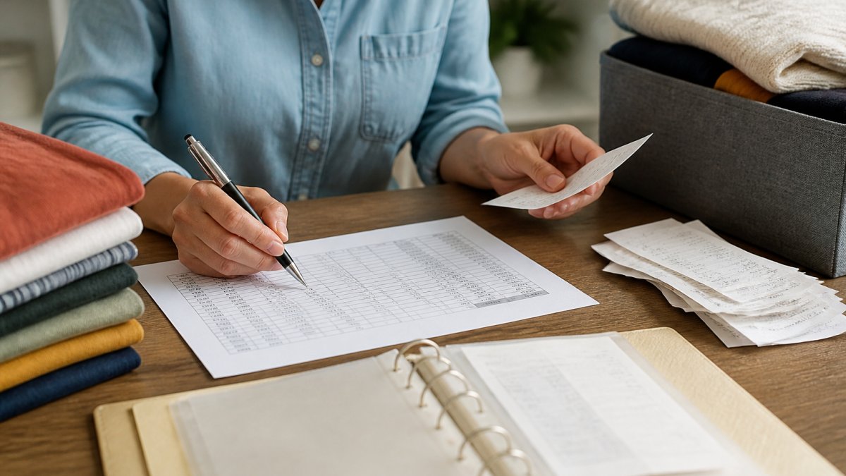 Person's hands organizing clothing donation receipts and records on a desk with a laptop, folder, pen, and printed spreadsheet visible