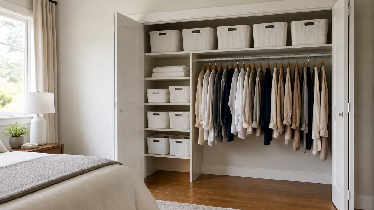 Matching white storage bins help organize closets by keeping shelves tidy and clearing floor space.