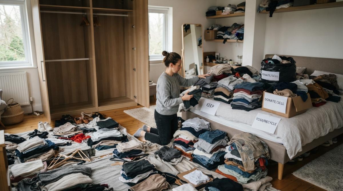 A bedroom with clothing items sorted into distinct piles on the floor and bed, showing organized decluttering in progress with natural daylight from windows