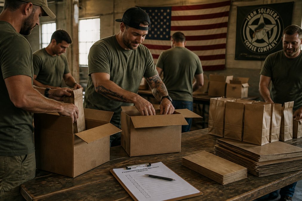A group of volunteers in a community hall packing bags of coffee into cardboard boxes for distribution, with a checklist and clipboard visible on a table