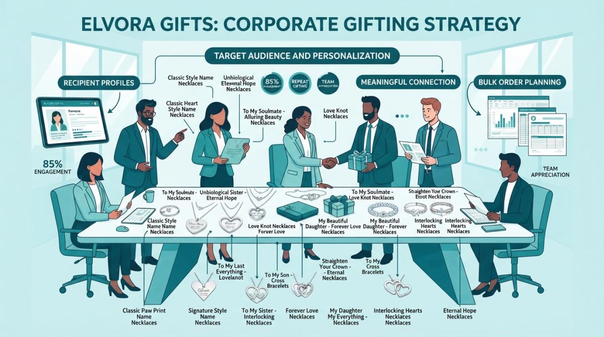 Business team collaborating around a conference table with gift samples and personalized items displayed, reviewing corporate gifting selections together