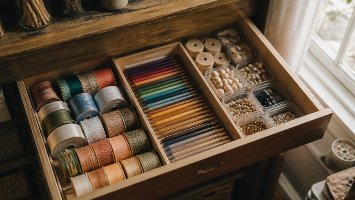 Wooden drawer organized with ribbon spools, colored pencils, and labeled containers in natural light.