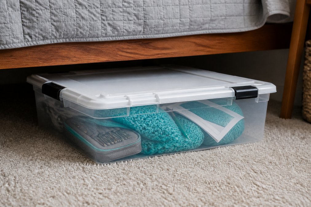 A clear 16-quart latching bin under a bed, visibly holding a half-finished crochet blanket in teal yarn, a printed pattern, and a hook case