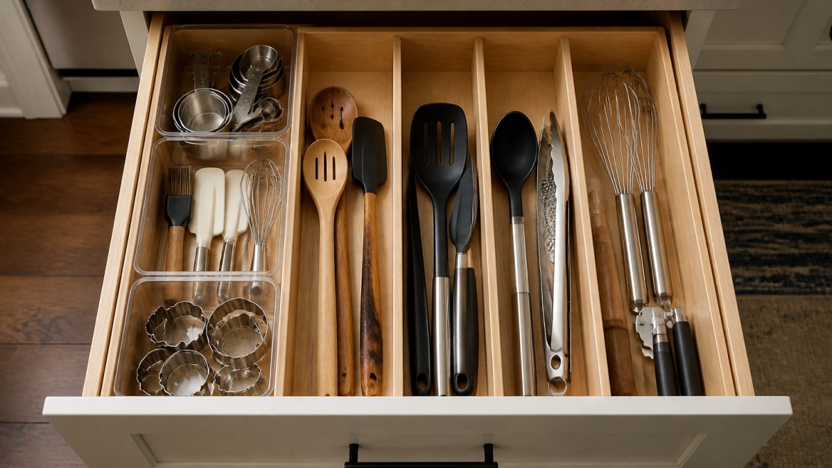 Close-up overhead view of an organized deep kitchen drawer with clear plastic bins, wooden dividers separating utensil categories, and neatly arranged cooking tools in organized compartments