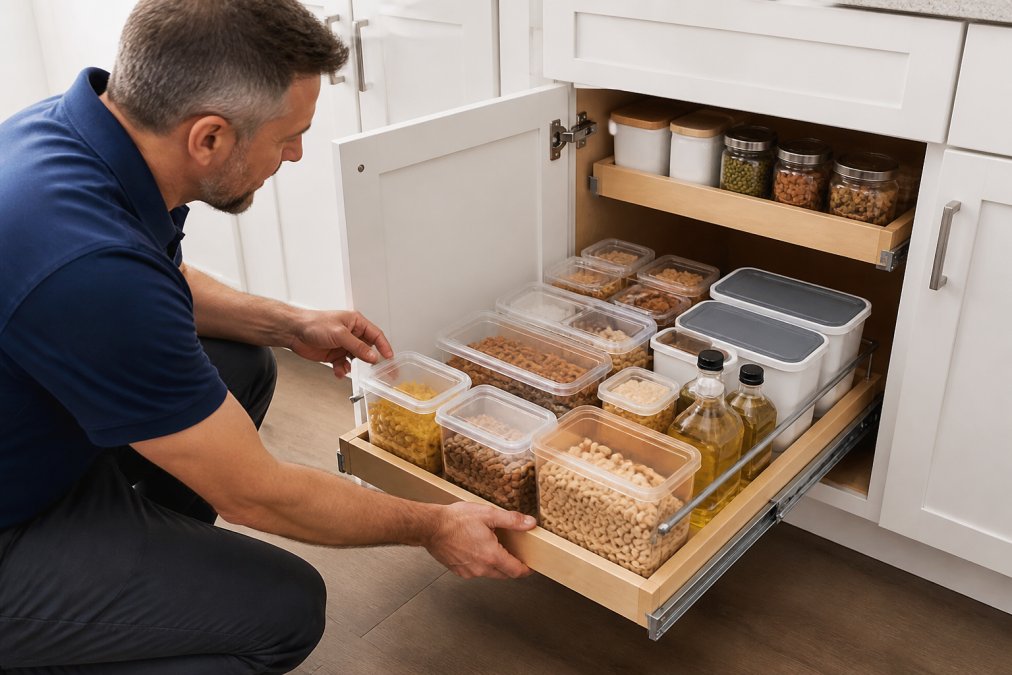 Person installing a pull-out sliding drawer system inside a deep kitchen cabinet, the drawer fully extended showing organized clear containers and items neatly arranged inside