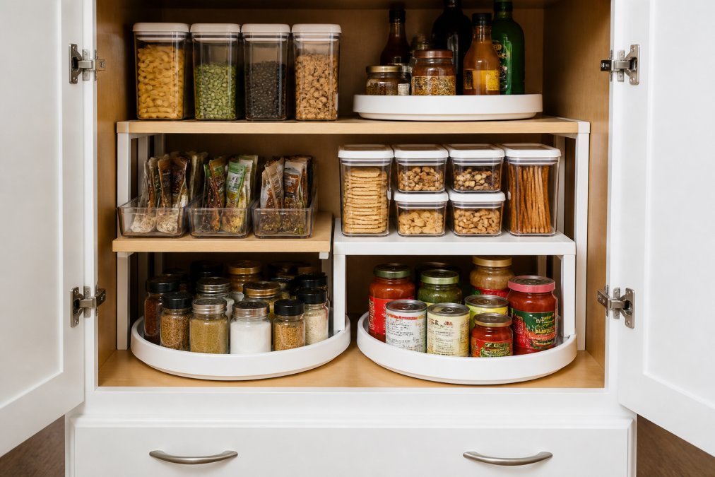 Organized deep cabinet interior with shelf risers, stackable clear containers, and lazy Susan turntables holding various kitchen items at different heights with proper spacing