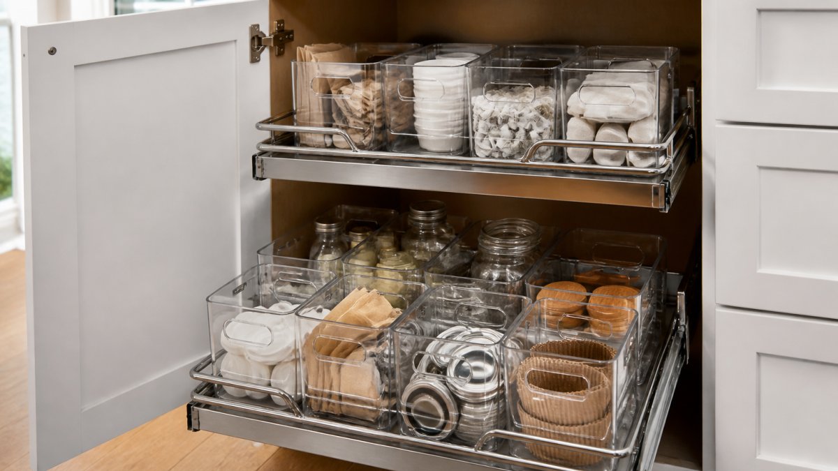 Open deep kitchen cabinet with clear plastic bins organized on metal pull-out shelves, showing various kitchen items neatly grouped inside containers, with natural light illuminating the organized storage space