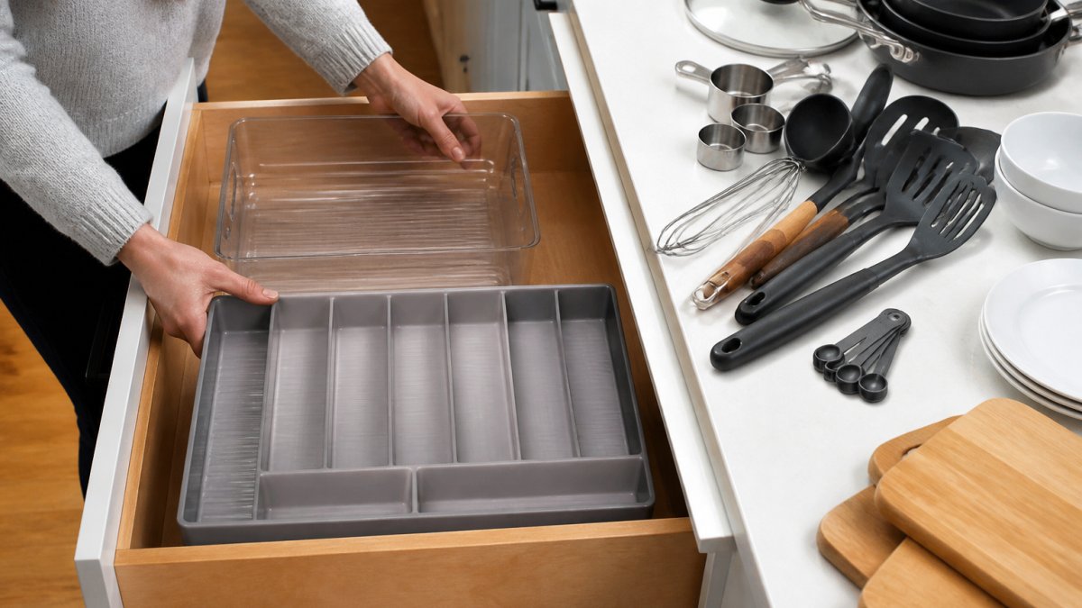 Overhead view of hands placing a stackable clear bin and a tray divider into a deep kitchen drawer, with grouped utensils and cookware waiting on the counter beside it