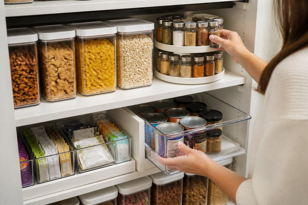 A well-organized deep pantry shelf displaying clear plastic bins with labeled contents, a rotating turntable holding spice jars, and pull-out sliding drawers in use, with hands reaching for items at different depths in bright kitchen lighting