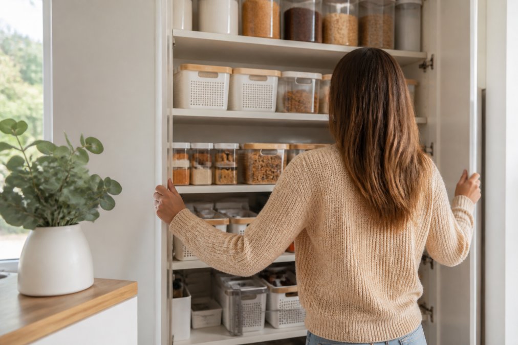 A person opening a well-organized pantry with clear labeled containers positioned at eye level and lower shelves, demonstrating easy reach and visibility of all items in natural kitchen lighting