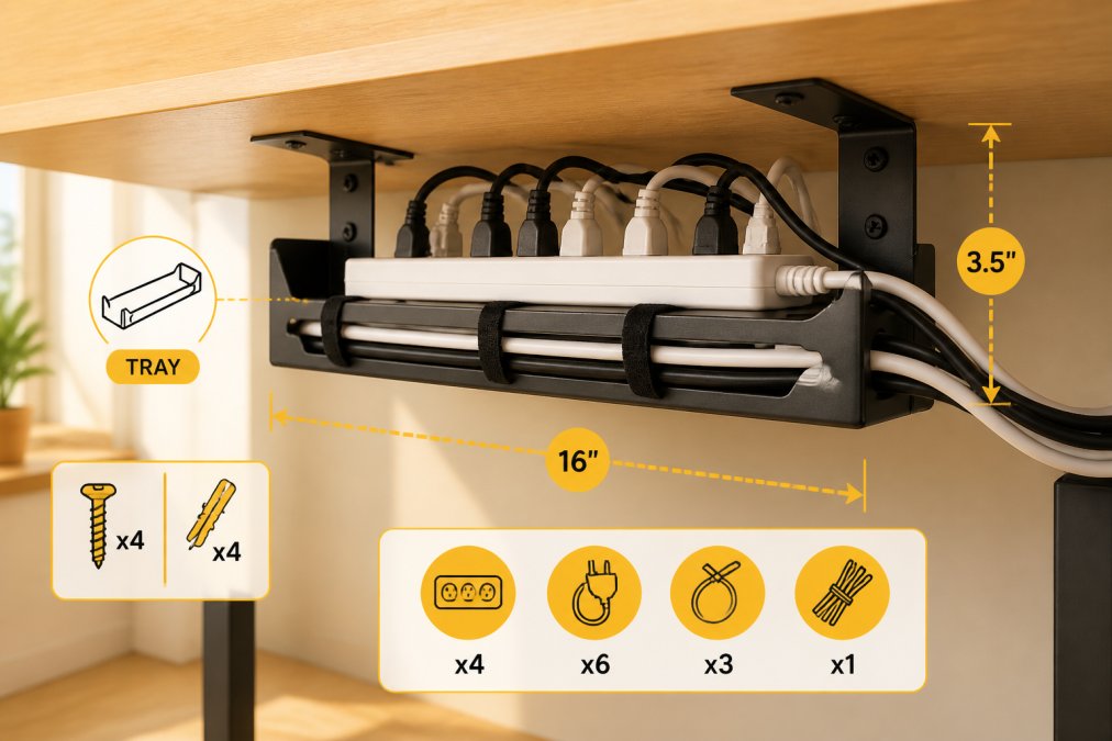 Close-up photograph underneath a clean light wood desk showing a black cable management tray mounted to the underside, holding a white power strip with multiple cables bundled neatly with black zip ties, shot in warm natural light from a nearby window