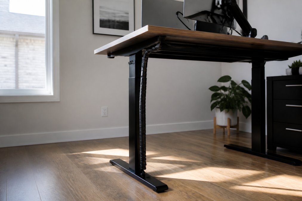 A modern height-adjustable standing desk photographed in the raised position in a bright minimalist home office, with a black cable management sleeve running vertically down the left desk leg, keeping monitor cables and a laptop charger bundled neatly, natural light from a side window