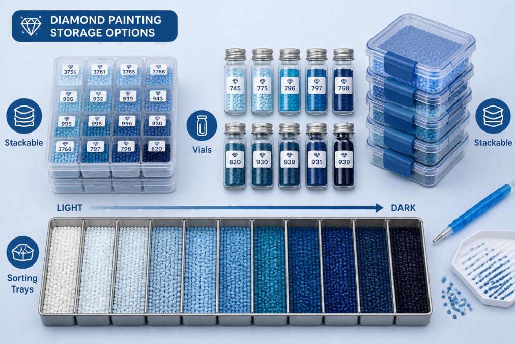 Overhead view of a craft table displaying various clear stackable containers, glass bead vials labeled with DMC codes, and metal sorting trays filled with diamond painting drills organized by color gradients from light to dark