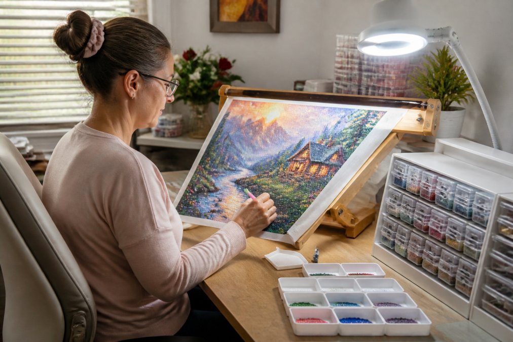 A crafter sitting at a well-organized diamond painting workspace with an adjustable canvas holder at eye level, clear storage containers within arm's reach, a bright task light illuminating the work surface, and labeled sorting trays positioned for easy access