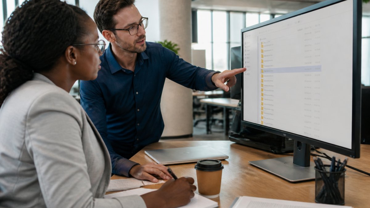 Two IT professionals reviewing a document library structure on a large monitor in a modern office, one pointing at the screen while the other takes notes
