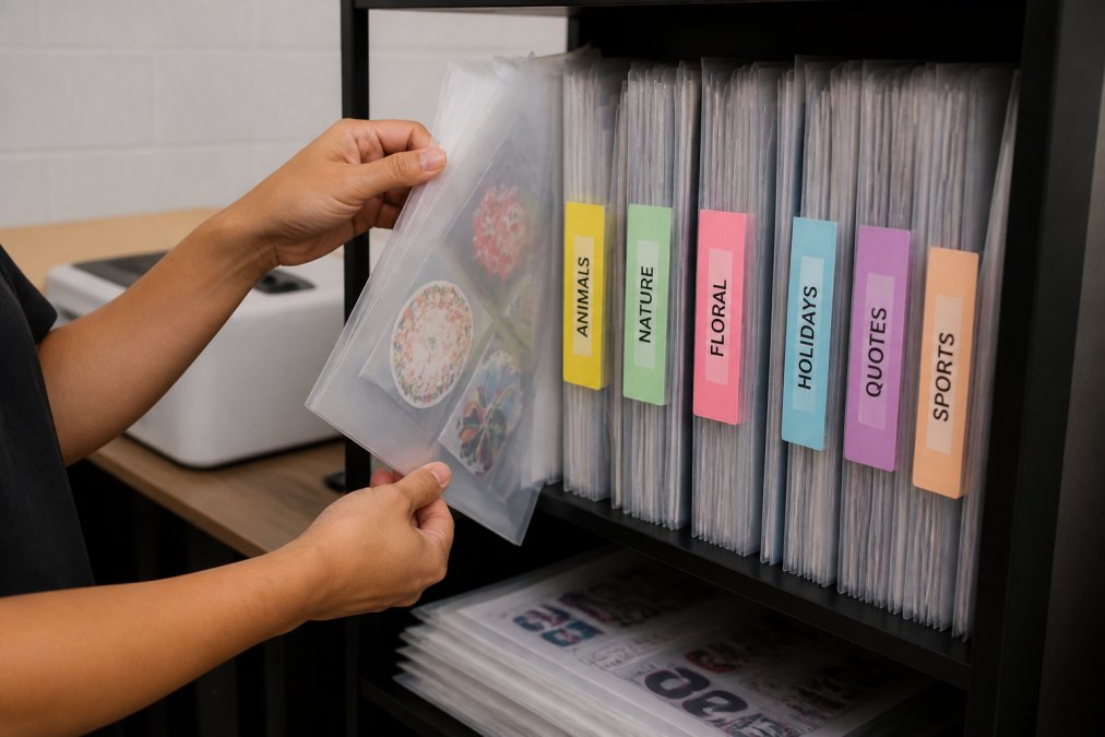 Hands organizing colour-coded labelled folders and plastic folders containing DTF gang sheets with clear labeling visible on spines, showing organized workspace with proper file arrangement