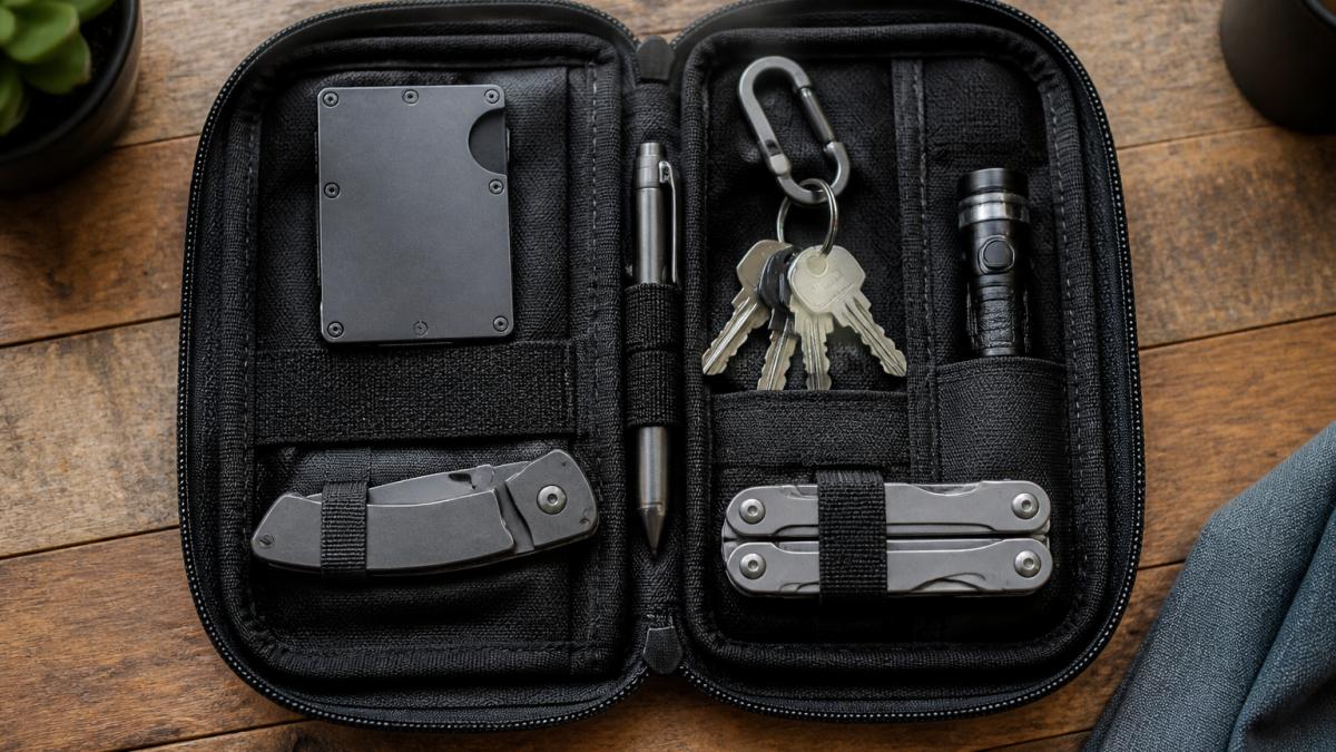 Overhead flat-lay of an organized EDC pouch displaying a slim metal wallet, compact utility knife, organized key ring with carabiner, small flashlight, pen, and multi-tool arranged neatly in separate compartments and pockets