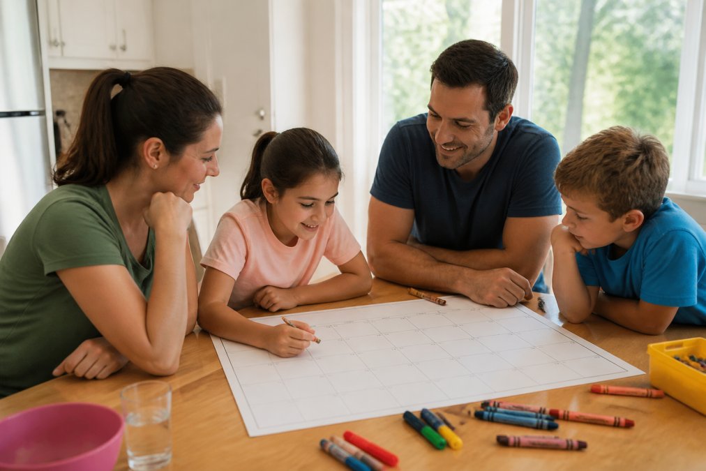 A family with two children sitting around a kitchen table, looking at a large paper calendar spread out in front of them, crayons and markers scattered nearby, warm afternoon light through a window
