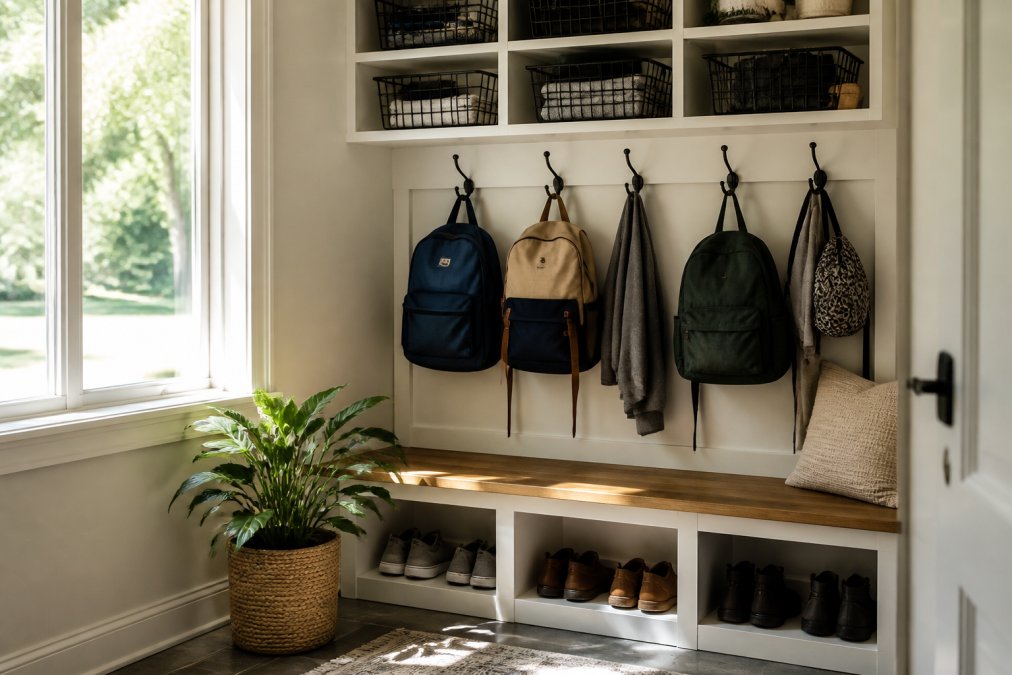 A bright family entryway with a wall-mounted storage system holding labeled bins, backpacks on hooks, and shoes neatly tucked below, warm natural light streaming through a nearby window