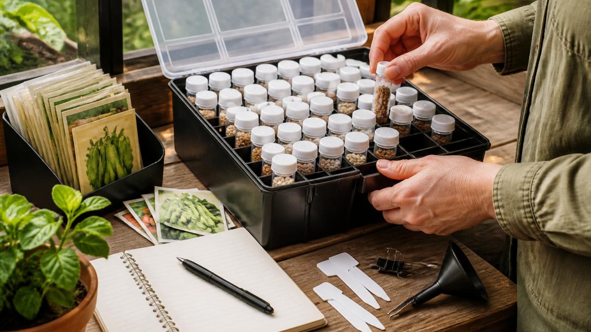 Gardener placing labeled seed vials into a storage box on a wooden potting bench with packets nearby