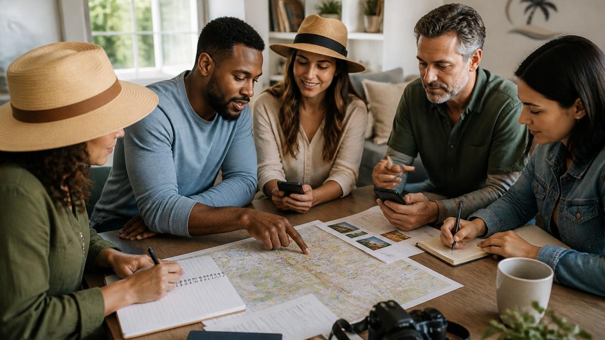 A group of diverse adult travelers sitting around a table in a bright living room, reviewing a printed itinerary and smartphones, one person pointing at a map while others take notes, warm natural light, candid travel-planning scene