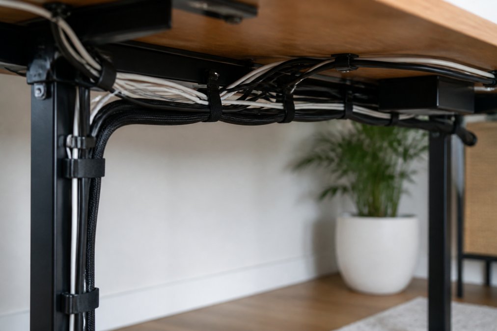 Close-up of organized cables under desk using velcro straps, cable sleeves, and adhesive clips attached to desk frame, with cables bundled neatly and routed along the edge