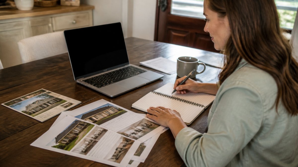 Homebuyer sitting at a desk with a laptop, notebook, and printed property listings spread out, reviewing notes and comparing homes