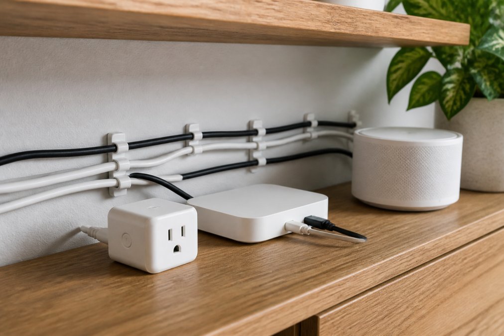 Tidy smart home hub with labeled cables and mesh router to help organize home setups on a wooden shelf.