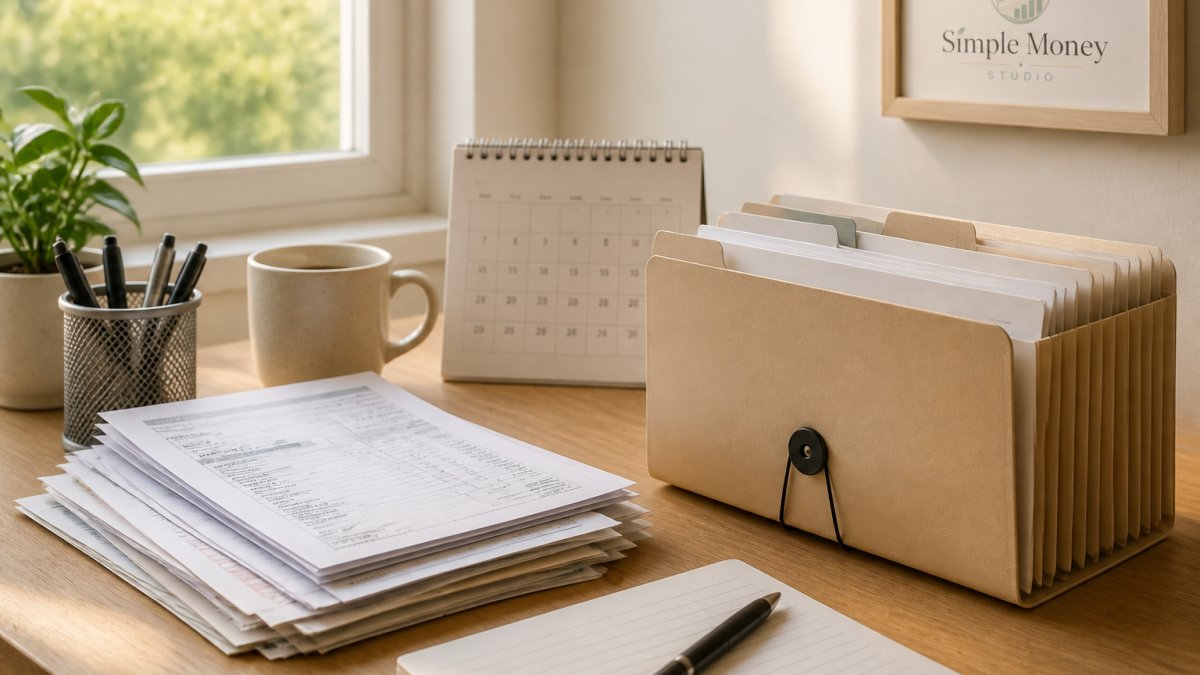 Tidy desk corner with organized paper bills, a pen cup, and a labeled folder in warm natural light