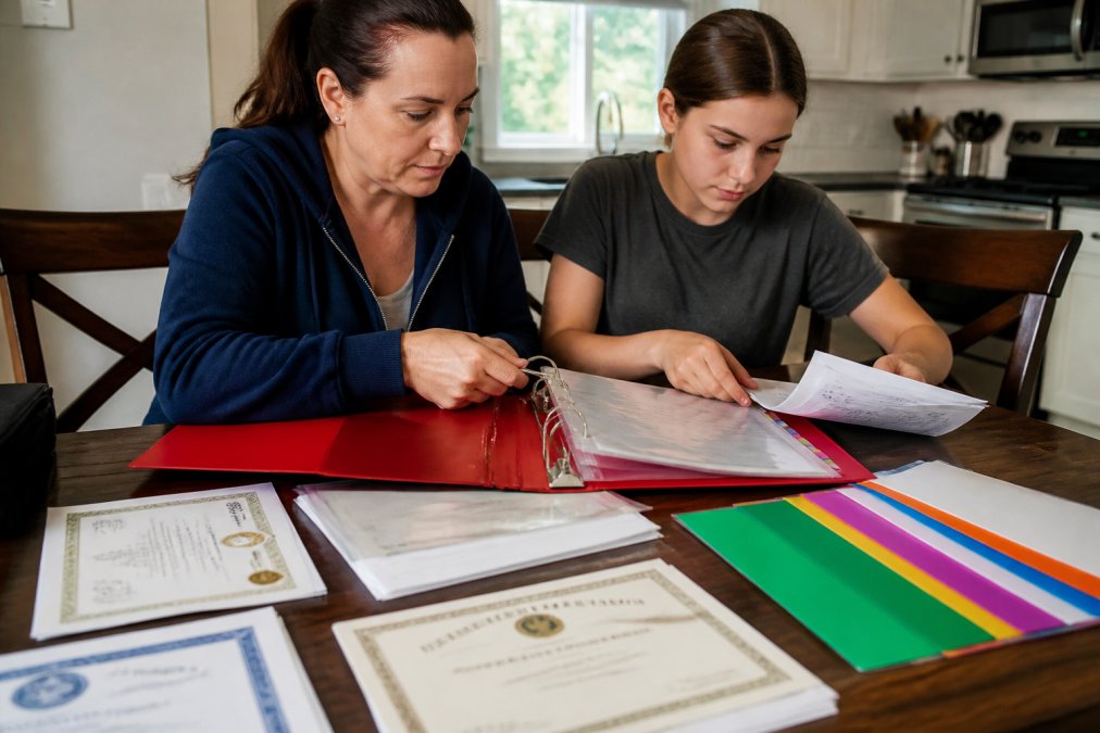 A parent and teen use a checklist to organize important documents in a red emergency grab-and-go binder.