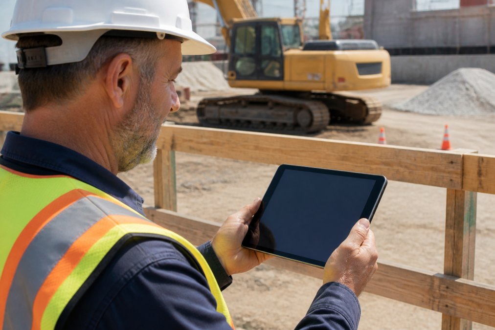 Professional inspector holding a tablet displaying organized photo folders with project names and dates visible on screen, standing at a construction site with equipment in background