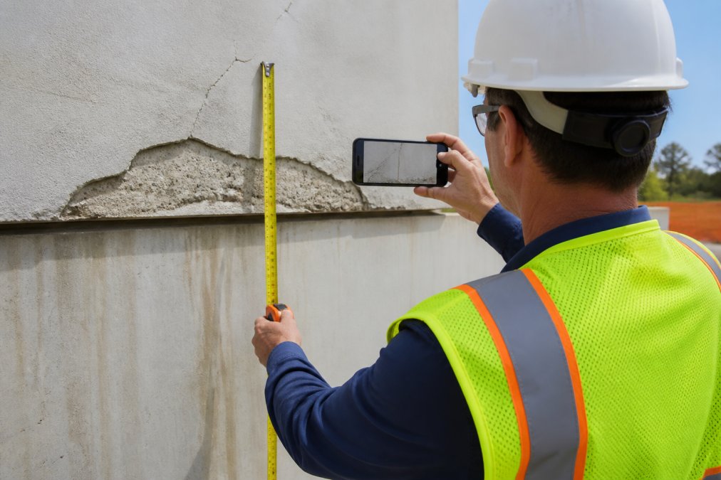 Site inspector photographing a construction defect with smartphone, holding measuring tape visible in frame to show scale, with proper angle to capture details clearly, outdoor site lighting