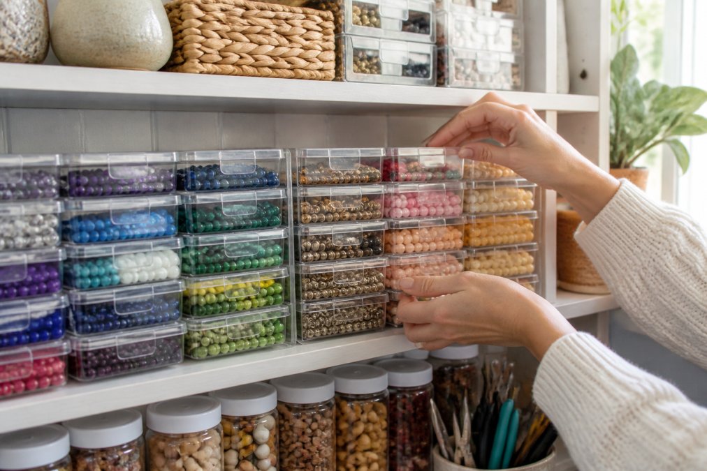 Hands organizing colorful beads in clear stackable containers to show how to organize jewelry making beads.