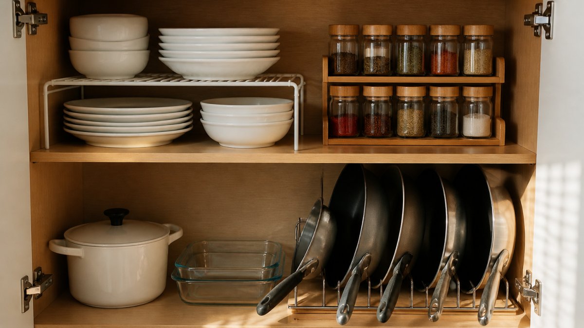 Overhead view of an open kitchen cabinet with white dishes stacked on a wire shelf riser, glass spice jars on a two-tier bamboo rack, and a stainless pan rack holding skillets, all grouped neatly with small labels, warm morning light