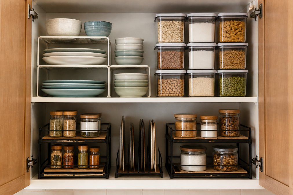 Interior view of organized kitchen cabinet with multiple shelf risers stacking dishes, stackable clear containers holding dry goods, and pull-out racks neatly arranged on shelves with labels visible